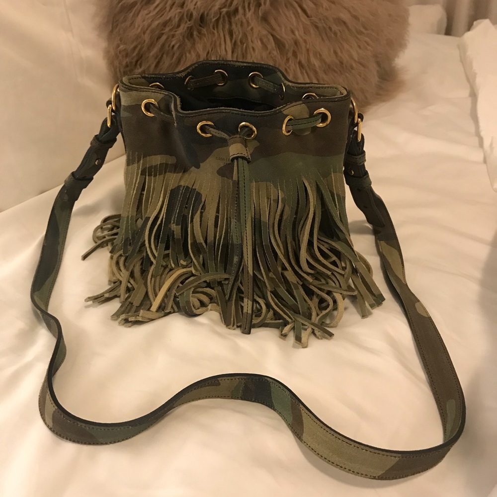 YSL Emanuelle bucket bag camo camouflage fringe
